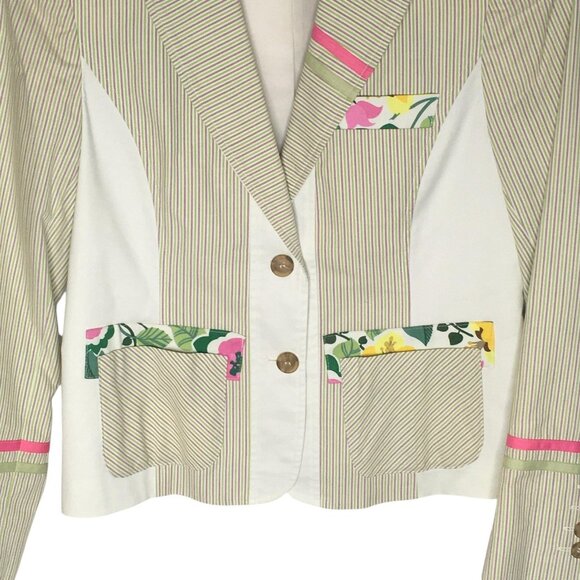 Harve Benard Blazer Jacket Womens 4 Green White Stripe Floral Cotton Two Button - Picture 2 of 12
